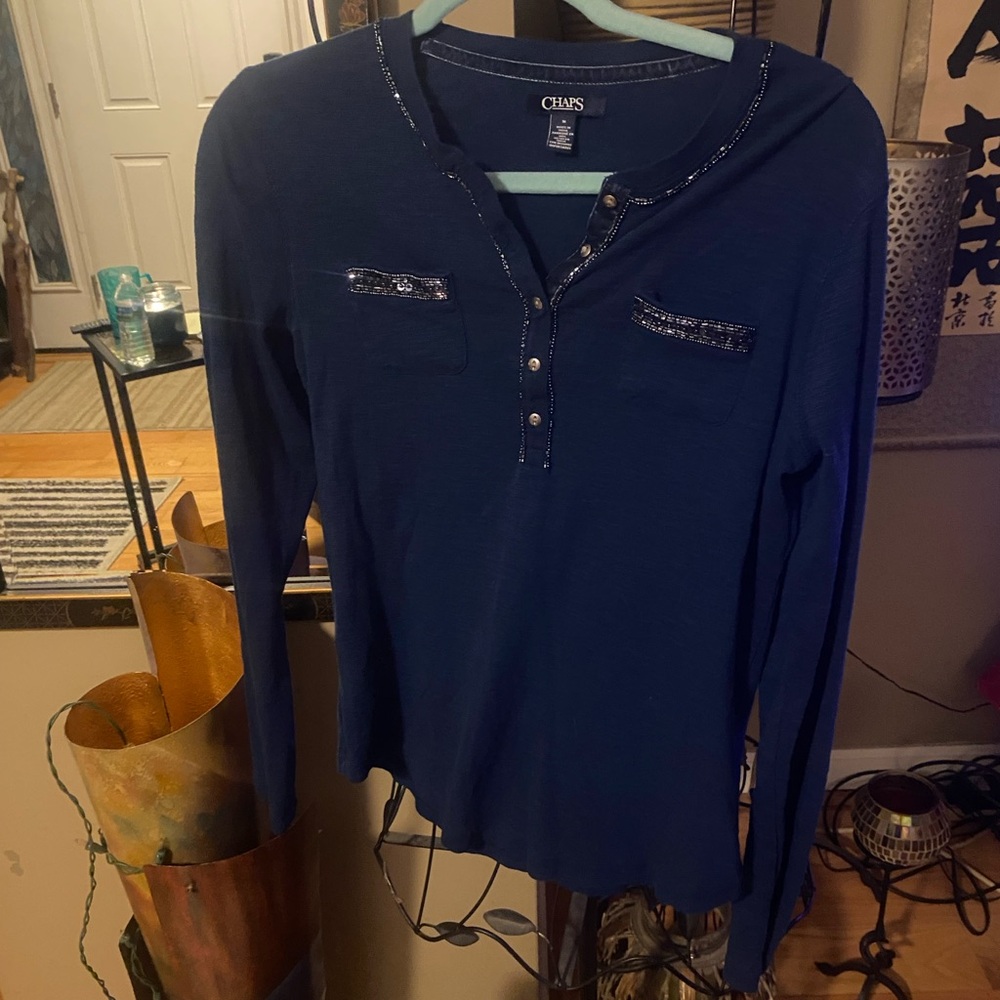Chaps Navy Long Sleeve Shirt with Sequin Trim
